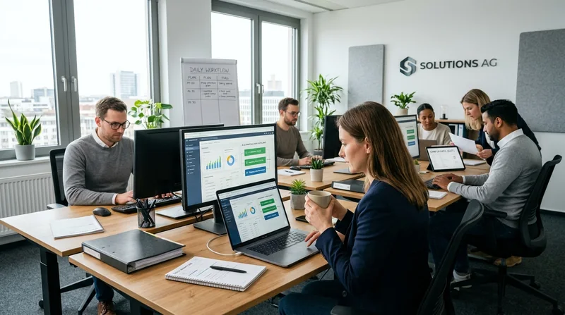 Mehrere Personen an Computern in einem Büro.