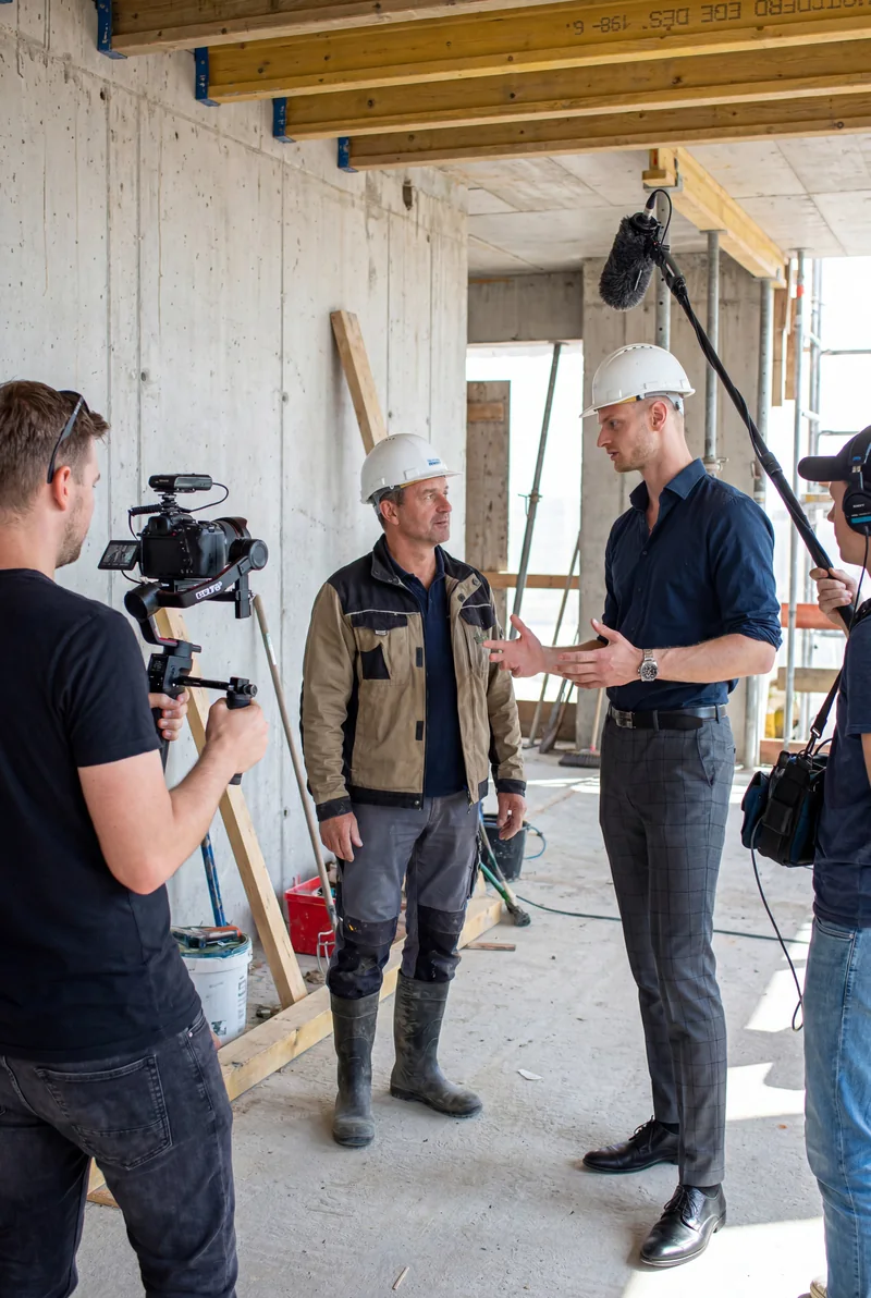 Videodreh auf einer Baustelle mit Kamera und Tonangel.