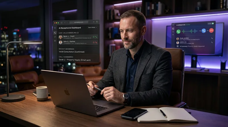 Mann arbeitet an einem Laptop; daneben sind digitale Übersichten mit Gesprächsnotizen eingeblendet.