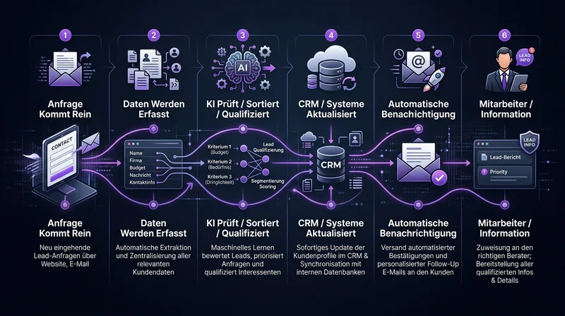 Schematischer Ablauf von der Anfrage über KI-Verarbeitung und CRM bis zur Benachrichtigung.